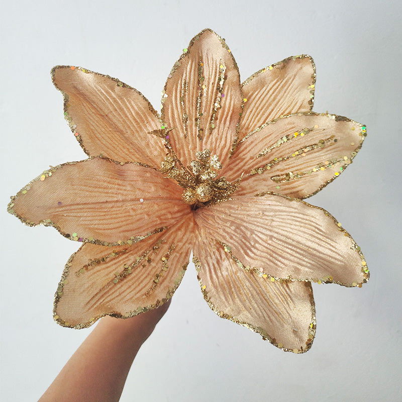 Set van 5 Prachtige Glanzende Kunstkerstbloemen