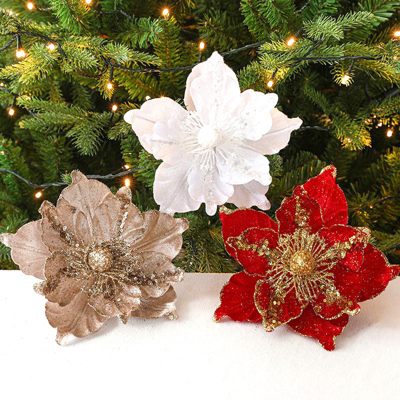 Set van 5 Prachtige Glanzende Kunstkerstbloemen