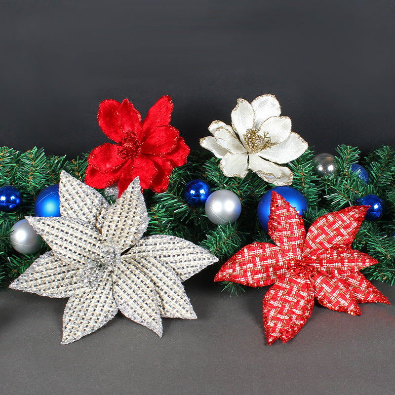 Set van 5 Prachtige Glanzende Kunstkerstbloemen