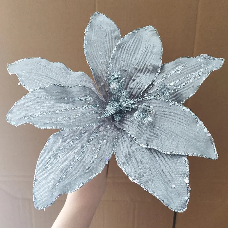 Set van 5 Prachtige Glanzende Kunstkerstbloemen