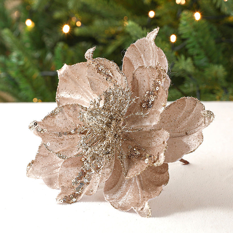 Set van 5 Prachtige Glanzende Kunstkerstbloemen
