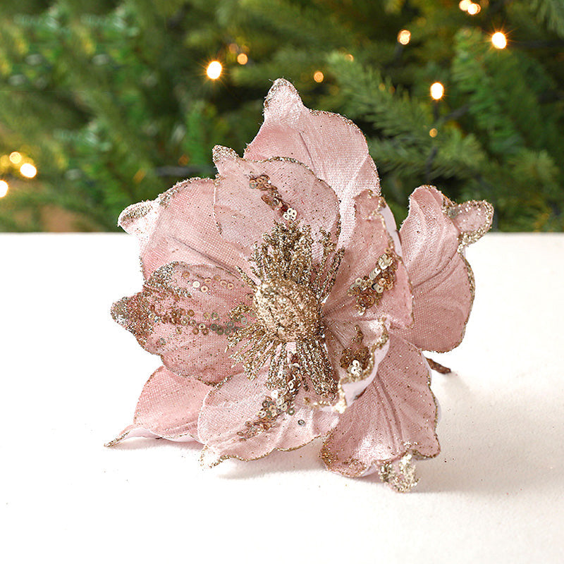 Set van 5 Prachtige Glanzende Kunstkerstbloemen