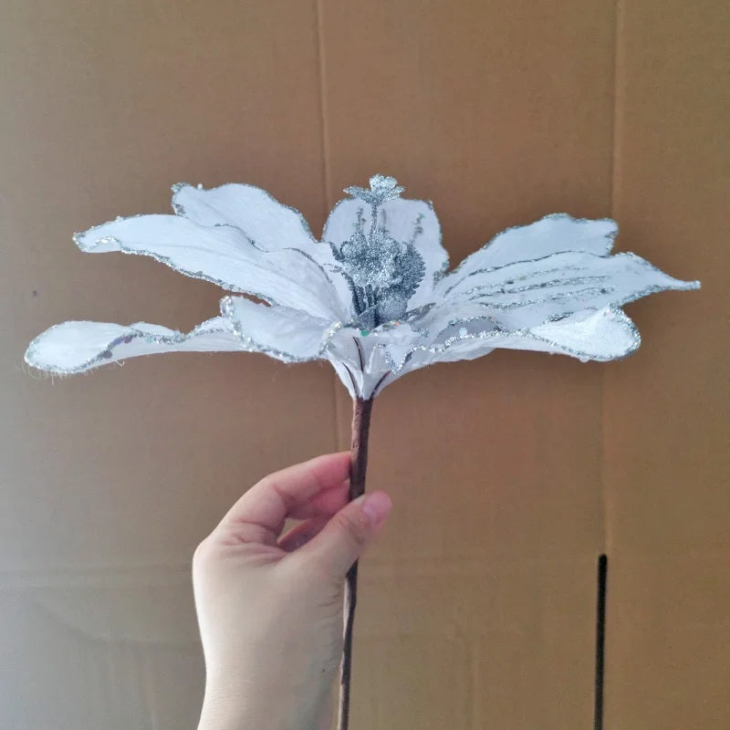 Set van 5 Prachtige Glanzende Kunstkerstbloemen