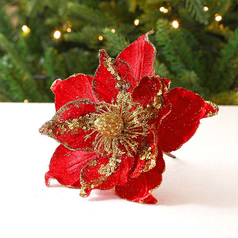 Set van 5 Prachtige Glanzende Kunstkerstbloemen