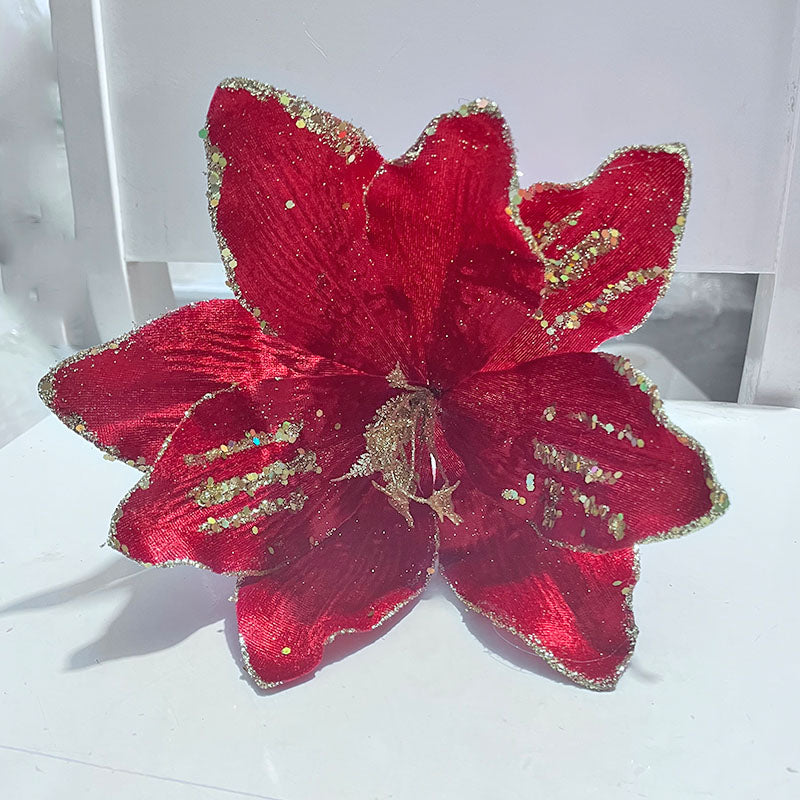 Set van 5 Prachtige Glanzende Kunstkerstbloemen