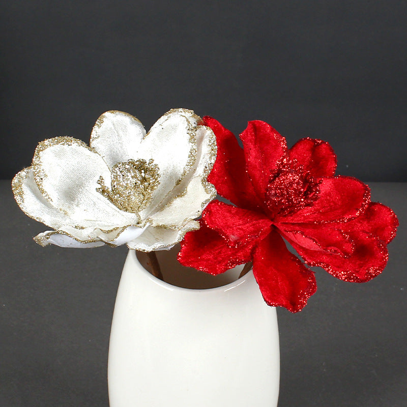 Set van 5 Prachtige Glanzende Kunstkerstbloemen