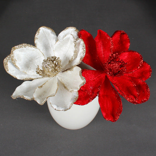 Set van 5 Prachtige Glanzende Kunstkerstbloemen